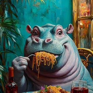 Pintura de hipopótamo comendo espaguete, arte animal maximalista de restaurante italiano, impressão de hipopótamo com vinho e macarrão, decoração divertida de sala de jantar com dopamina.
