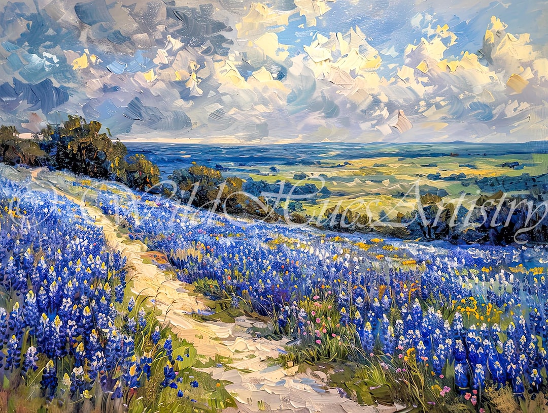 Texas Bluebonnets Wildflower Vintage Impasto Oil Painting, Bluebonnets