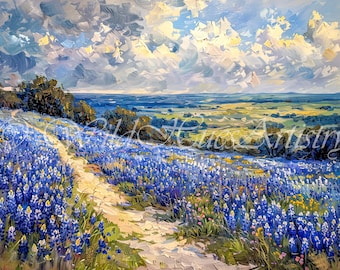 Texas Bluebonnets Wildflower Vintage Impasto Oil Painting, Bluebonnets Landscape Texas Wildflower Digital Prints, Vibrant Wild Texas Flowers