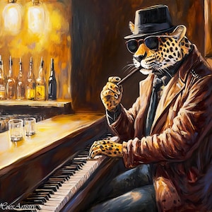 Retro Leopard In a Suit Playing Piano Oil Painting, Leopard Bedroom Maximalist Wall Art, Dopamine Leopard Print, Eclectic Leopard Bar Art.