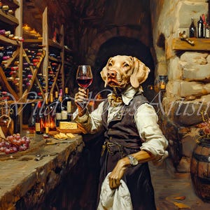 Può includere: Un dipinto stravagante raffigura un cane in gilet che tiene un bicchiere di vino in una cantina. Il cane, dall'aspetto umano, è circondato da bottiglie di vino, formaggio e uva. La scena evoca un'atmosfera vintage e rustica.