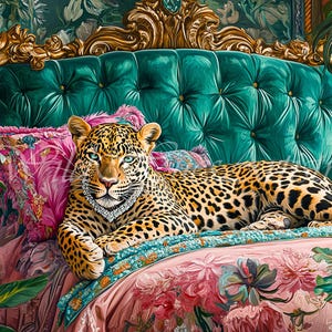 Leopard with Diamonds On Ornate Bed Oil Painting, Leopard Bedroom Maximalist Wall Art, Dopamine Leopard Print, Luxury Eclectic Leopard Art.