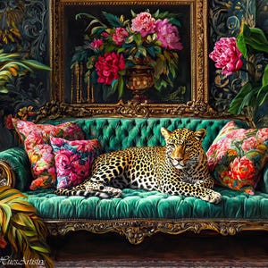 Vintage Retro Leopard On Ornate Sofa Oil Painting, Leopard Bedroom Maximalist Wall Art, Dopamine Leopard Print, Eclectic Leopard Wall Art.