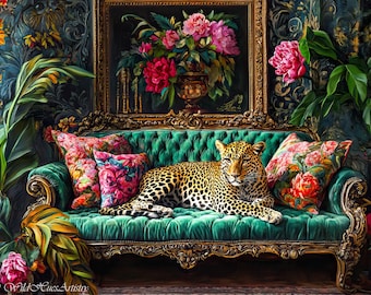 Vintage Retro Leopard On Ornate Sofa Oil Painting, Leopard Bedroom Maximalist Wall Art, Dopamine Leopard Print, Eclectic Leopard Wall Art.