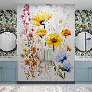 Design de papier peint aquarelle de fleurs sauvages, décoration murale florale botanique douce, décoration florale bohème, papier peint de salle de bain, papier peint floral de designer.