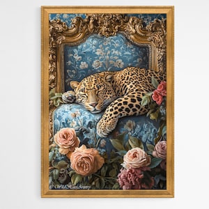 Vintage Retro Leopard On Ornate Bed Oil Painting, Leopard Bedroom Maximalist Wall Art, Dopamine Leopard Print, Glam Gold Jungle Leopard Art.