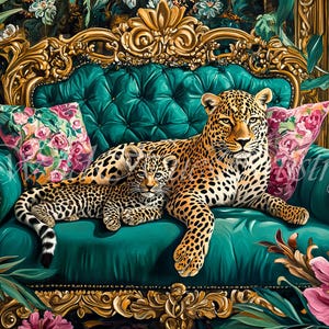 Retro Leopard and Cub On Ornate Sofa Oil Painting, Leopard Bedroom Maximalist Wall Art, Dopamine Leopard Print, Eclectic Leopard Wall Art.