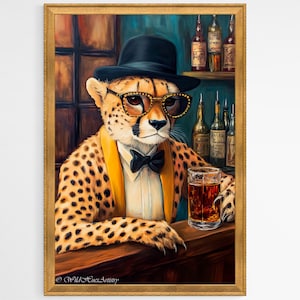 レトロなチーターがウイスキーを飲む油絵、ユニークなマキシマリストのチーター パブ カート アート ギフト、ドーパミン チーターが乾杯するプリント、チーター ウォール アート。