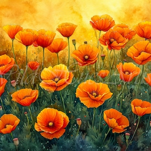 Big Sur California Poppy Watercolor Painting, Colorful Wildflower Bathroom Wall Art, Vintage Colorful Florals, California Poppy Art Print.