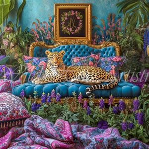 Vintage Retro Leopard On Ornate Sofa Oil Painting, Leopard Bluebonnet Maximalist Wall Art, Dopamine Leopard Print, Eclectic Leopard Wall Art
