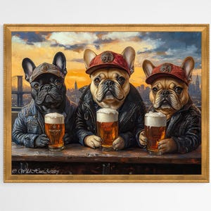 バーにいる可愛いフレンチブルドッグの油絵、犬好きの方へのプレゼントに最適なマキシマリストなウォールアート、ドーパミンが湧き出るフレンチブルドッグのアート、折衷的な犬のウォールアート