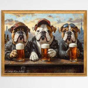 バーにいるかわいいイングリッシュ・ブルドッグの油絵、犬好きの方へのギフト、マキシマリストなウォールアート、ドーパミンが出る面白いブルドッグのアート、折衷的なブルドッグのウォールアート。