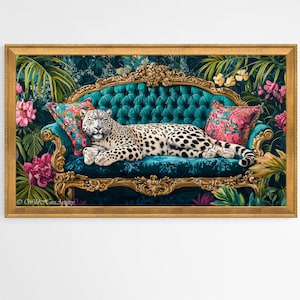 Samsung Frame TV Snow Leopard on Sofa Oil Painting, Snow Leopard Bedroom Maximalist Wall Art, Dopamine Leopard Print, Eclectic Leopard Art.
