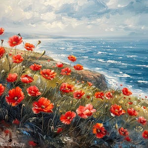 Colorful California Poppies Big Sur Valley Wildflower Landscape Painting Print, Modern Retro Wall Art Decor, California Orange Poppy Artwork