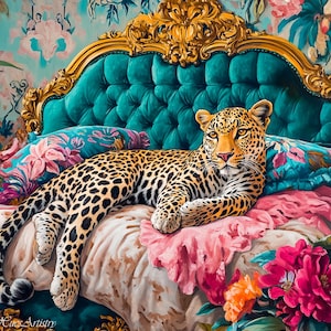 Vintage Retro Leopard On Ornate Sofa Oil Painting, Leopard Bedroom Maximalist Wall Art, Dopamine Leopard Print, Eclectic Leopard Wall Art.