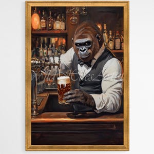 バーの後ろにいるダンディなゴリラのバーテンダーの油絵、ゴリラのマキシマリストの壁アート、ドーパミン ゴリラのプリント、ゴリラのパブ カート アート、ジャングル ゴリラ アート。