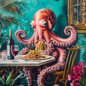 Retro Matisse Octopus  Eating Spaghetti Oil Painting, Octopus Maximalist Kitchen Wall Art, Dopamine Octopus Print, Eclectic Octopus Print.