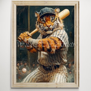 Baseball Tiger Painting, Powerful Tiger Athlete Art, Vintage Retro Baseball Decor, Maximalist Sports Wall Art, Detroit Tigers Inspired Print