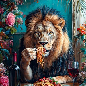 以下が含まれることがあります： ライオンがスパゲッティを食べているデジタル絵画。赤ワインのボトルと赤ワインのグラスがテーブルにあります。背景には花とターコイズの壁が描かれています。