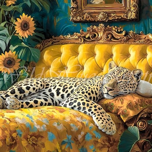 Vintage Retro Leopard On Ornate Bed Oil Painting, Leopard Sunflowers Maximalist Wall Art, Dopamine Leopard Print, Eclectic Leopard Wall Art.