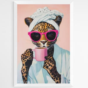 Leopard Drinking Coffee Maximalist Oil Painting, Leopard Bedroom Maximalist Wall Art, Dopamine Leopard Bathroom Print, Eclectic Leopard Art.