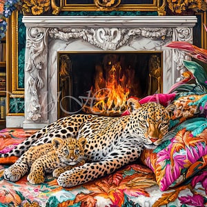 Female Leopard and Cub at Fireplace Oil Painting, Art Deco Leopard Maximalist Wall Art, Dopamine Leopard Print, Eclectic Leopard Wall Art.