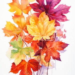 Autumn Leaves Watercolor Digital Still Life Painting, Rustic Fall Art, Vintage Autumn Wall Print, Halloween Autumn Decor, Thanksgiving Print