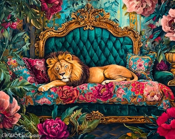 Retro Lion On Ornate Sofa Oil Painting, Lion Bedroom Maximalist Wall Art, Dopamine Lion Print, Eclectic Lion Wall Art, Bold Lion Portrait.