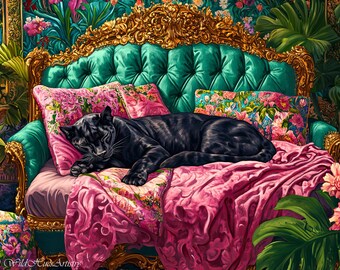 Bold Retro Black Panther On Ornate Sofa Oil Painting, Panther Bedroom Maximalist Wall Art, Dopamine Panther Print, Eclectic Panther Wall Art