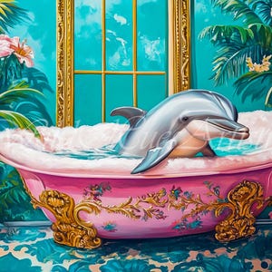 Retro Matisse Dolphin In Ornate Bath Oil Painting, Dolphin Bathroom Maximalist Wall Art, Dopamine Dolphin Print, Eclectic Dolphin Wall Art.