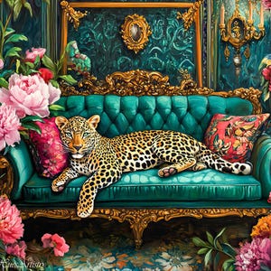 Vintage Retro Leopard On Ornate Sofa Oil Painting, Leopard Bedroom Maximalist Wall Art, Dopamine Leopard Print, Eclectic Leopard Wall Art.