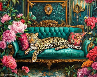 Vintage Retro Leopard On Ornate Sofa Oil Painting, Leopard Bedroom Maximalist Wall Art, Dopamine Leopard Print, Eclectic Leopard Wall Art.