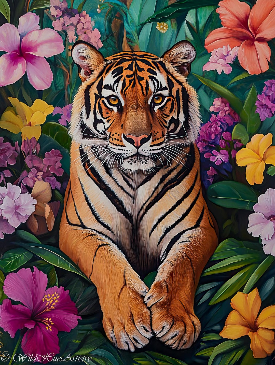 Maximalist Tropical Bengal Tiger Painting, Hawaiian Floral Animal