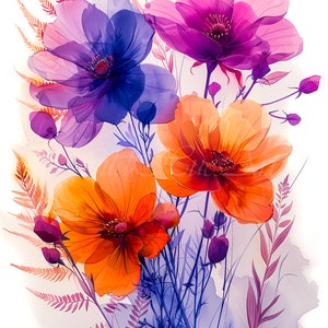 Abstract Antique Flower Watercolors, Colorful Wildflower Watercolor Painting, Vintage Style Digital Wildflower Art, Bright Floral Prints.
