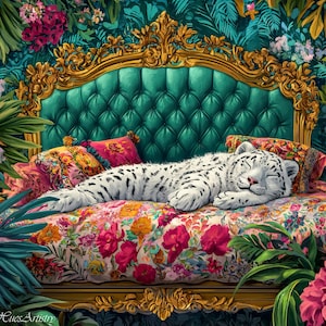 Retro Snow Leopard On Ornate Sofa Oil Painting, Snow Leopard Bedroom Maximalist Wall Art, Dopamine Leopard Print, Eclectic Leopard Wall Art.