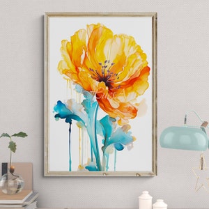 Bright California Poppy Watercolor Prints, Modern Retro Colorful Wildflower Wall Artwork, Retro Vintage Florals, Botanical Wall Art Painting