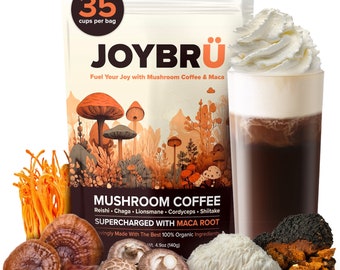 JOYBRU: Mushroom Coffee with Maca | 35 Servings | 100% Organic Arabica Coffee with Reishi, Chaga, Cordyceps, Lions Mane, Shiitake and Maca