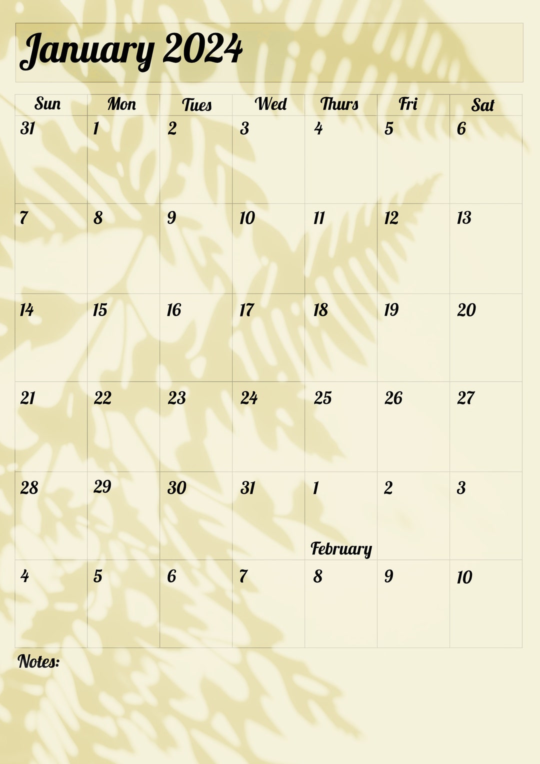 Digital / Printable 2024 Calendar Leaves and Beige Paper Etsy