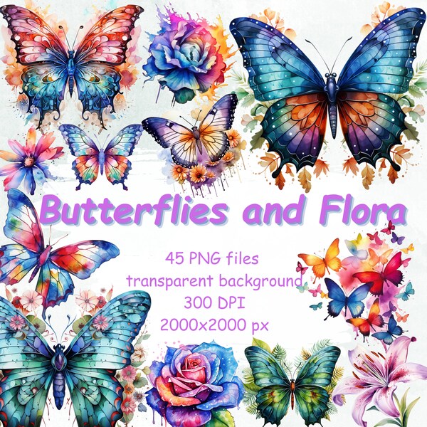 Watercolor Butterfly Clipart, Flowers clipart: Digital Clipart Png Bundle, 45 Png files, INSTANT DOWNLOAD