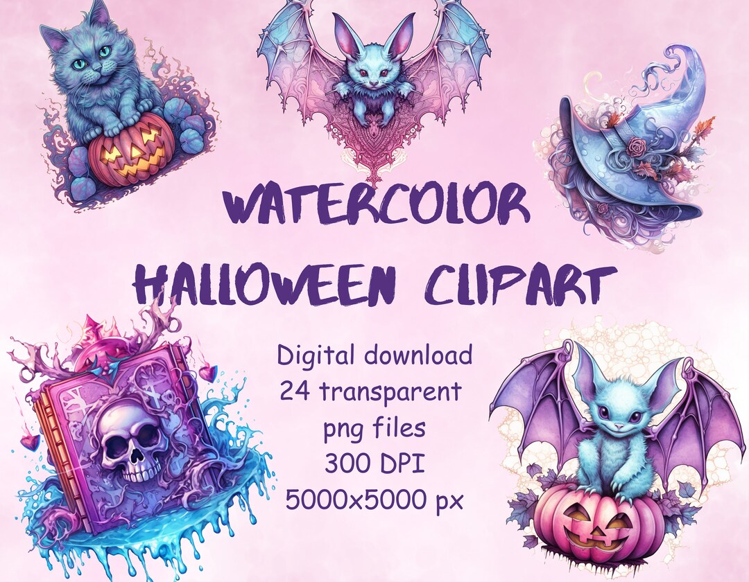 Watercolor Pastel Halloween Cute Clipart Blue Pink Clip Art Bundle ...