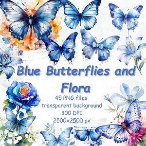 Aquarell blauer Schmetterling Clipart, Blumen Clipart: Digitale Clipart Png Bundle, 45 Png Dateien, INSTANT DOWNLOAD