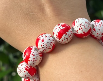 Blood Splatter Wooden Bead Bracelet, Wood Bead Bracelet, Halloween Bracelet, Chunky Bracelet, Spooky Jewelry