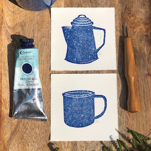 Vintage Camping Mug and Coffee Pot, Blue Speckled Enamel | Original Handmade Mini Linocut Art Print | Kitchen Wall Home Decor Unframed 4x4in