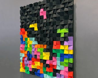 Living Room Decor &quot;Retro Glitch&quot; - Wooden Wall Art - Textured 3D Wall Hanging - Colorful Abstract Wood Art - Modern Wall Decor