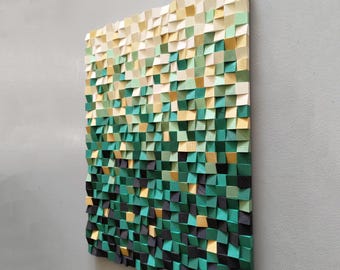 Wall Art "Emerald Flow" – Wooden Wall Hanging – Green and Beige 3D Wall Sculpture – Modern Organic Decor