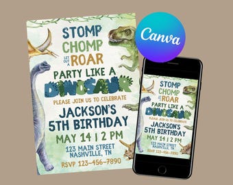 May include: A rectangular invitation card and a smartphone displaying the same design, featuring watercolor illustrations of various dinosaurs, green foliage, and the text STOMP CHOMP LET OUT A ROAR PARTY LIKE A DINOSAUR JACKSON'S 5TH BIRTHDAY MAY 14 2 PM.