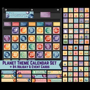 May include: A colorful planet-themed calendar set with 84 holiday and event cards. The calendar features a black background with a clear pocket for each day of the month. The cards are colorful and feature various planets, stars, and other space-themed designs.