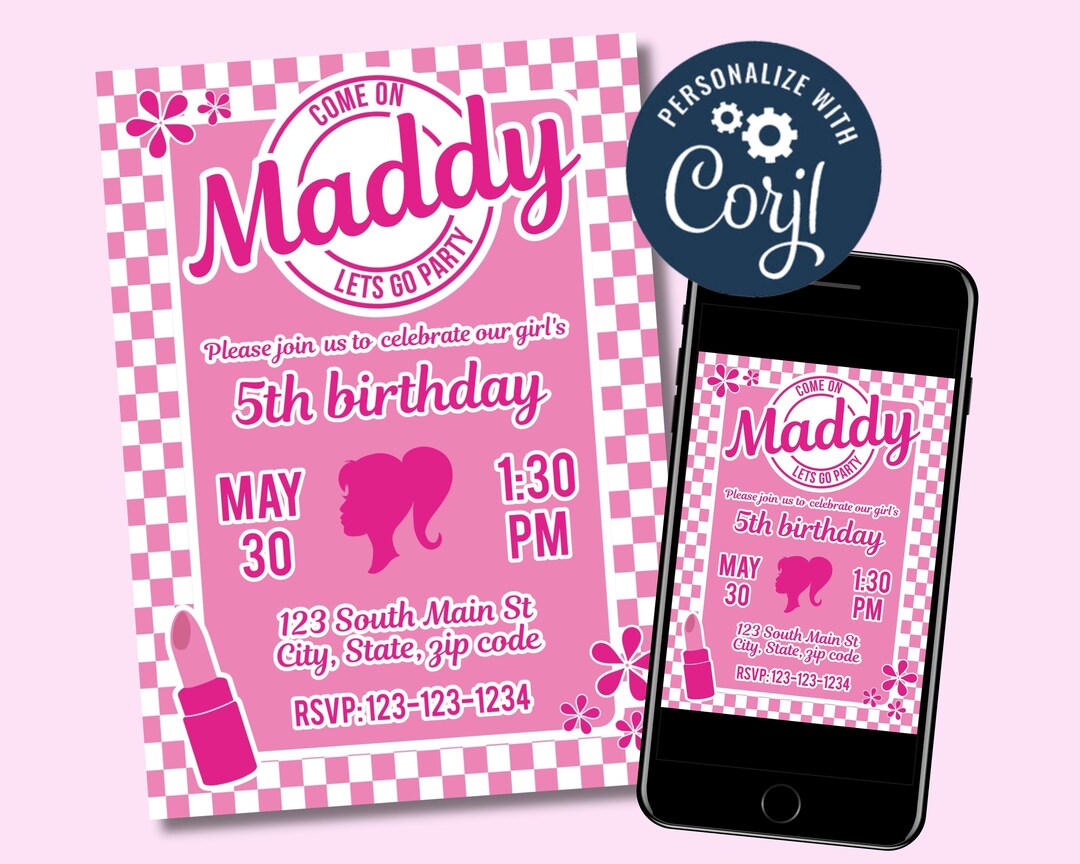 Come on Lets Go Party | Pink Doll Birthday Party Invitation | Editable ...