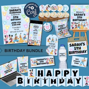 May include: A birthday party bundle featuring a printable invitation, welcome sign, food labels, water bottle labels, favor tags, and a banner. The theme is Mickey Mouse Clubhouse with a pink, blue, and yellow color scheme. The text on the invitation reads "Please join us at Sarah's Clubhouse to celebrate her 5th Birthday, June 4th, 3:00 PM, 123 South Main St, City State, RSVP to mom: 123-123-1234".
