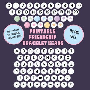 Festa de aniversário do quarto da sala de aula | Decoração de parede | Pulseira de contas da amizade | Números | Letras | Para imprimir | Arquivos PNG | Alfabeto | Numerais